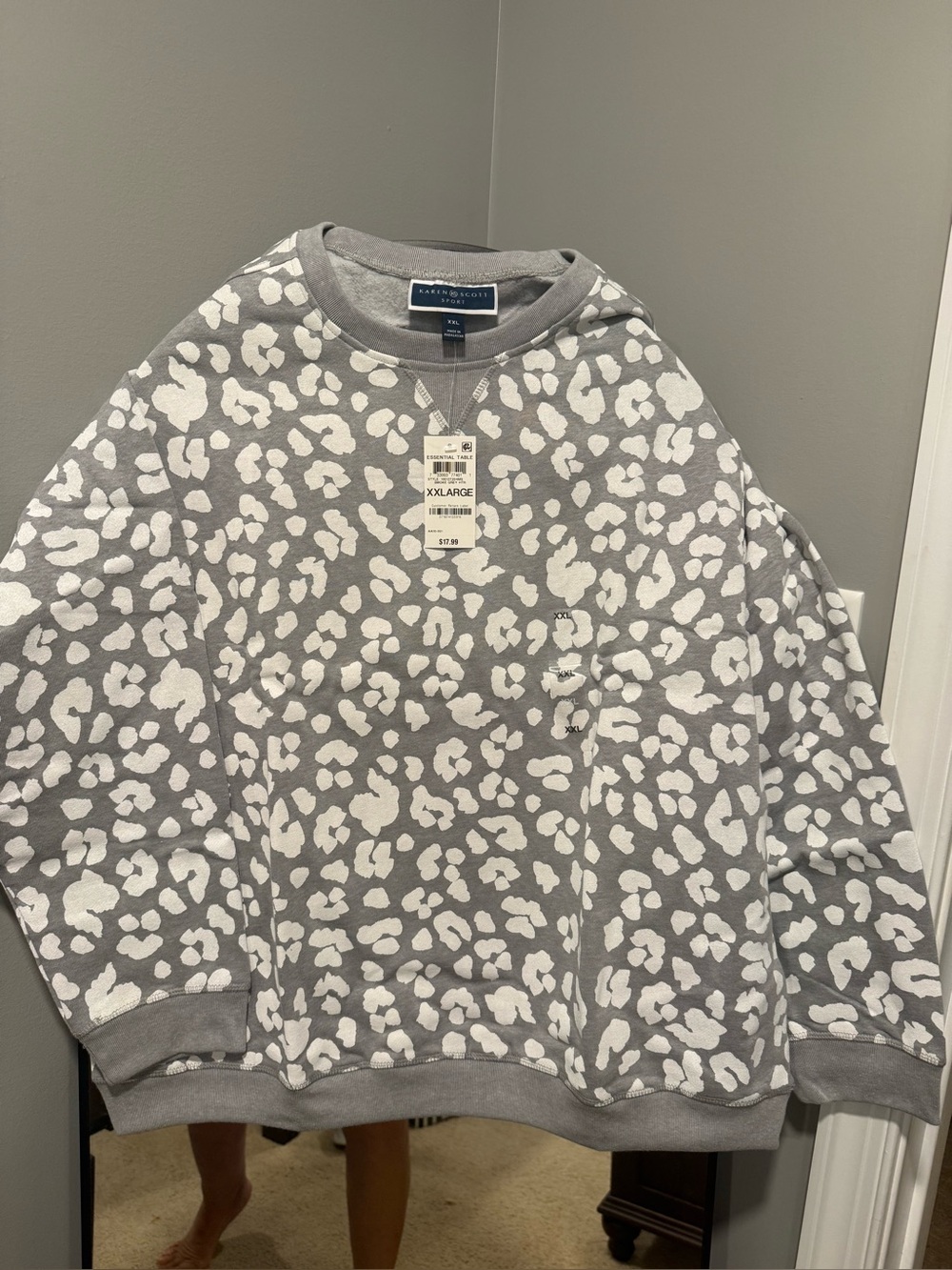 Karen Scott Gray and White Leopard Pullover Sweatshirt